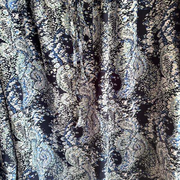 Joie Ruffle Pleated Paisley Top Blue Front Tie Half Button Long Sleeve Sz XL - Picture 2 of 6